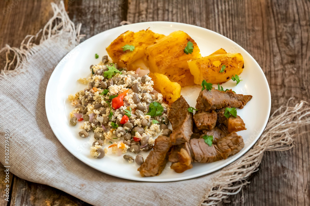 Traditional rustic tropical Brazilian dish, sun-dried beef with green beans, cassava, biquinho pepper. Creative rustic photography Traditional rustic tropical Brazilian dish, sun-dried beef with green beans, cassava, biquinho pepper. Creative rustic photography