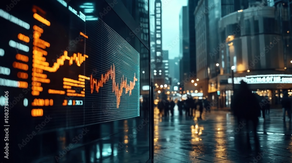 Urban financial district at night with illuminated stock market graph on glass panel, wet streets, and silhouettes of walking people. Urban financial district at night with illuminated stock market graph on glass panel, wet streets, and silhouettes of walking people.