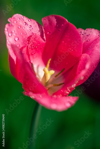 Red tulip with water drops.