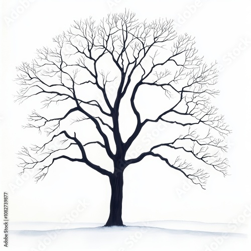 Solitary Oak Tree with Twisted Branches Depicted Against a White Background, Capturing the Elegance of Nature’s Simplicity and Intricacy