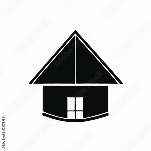 A black and white illustration of a hut or small building with a pointed roof