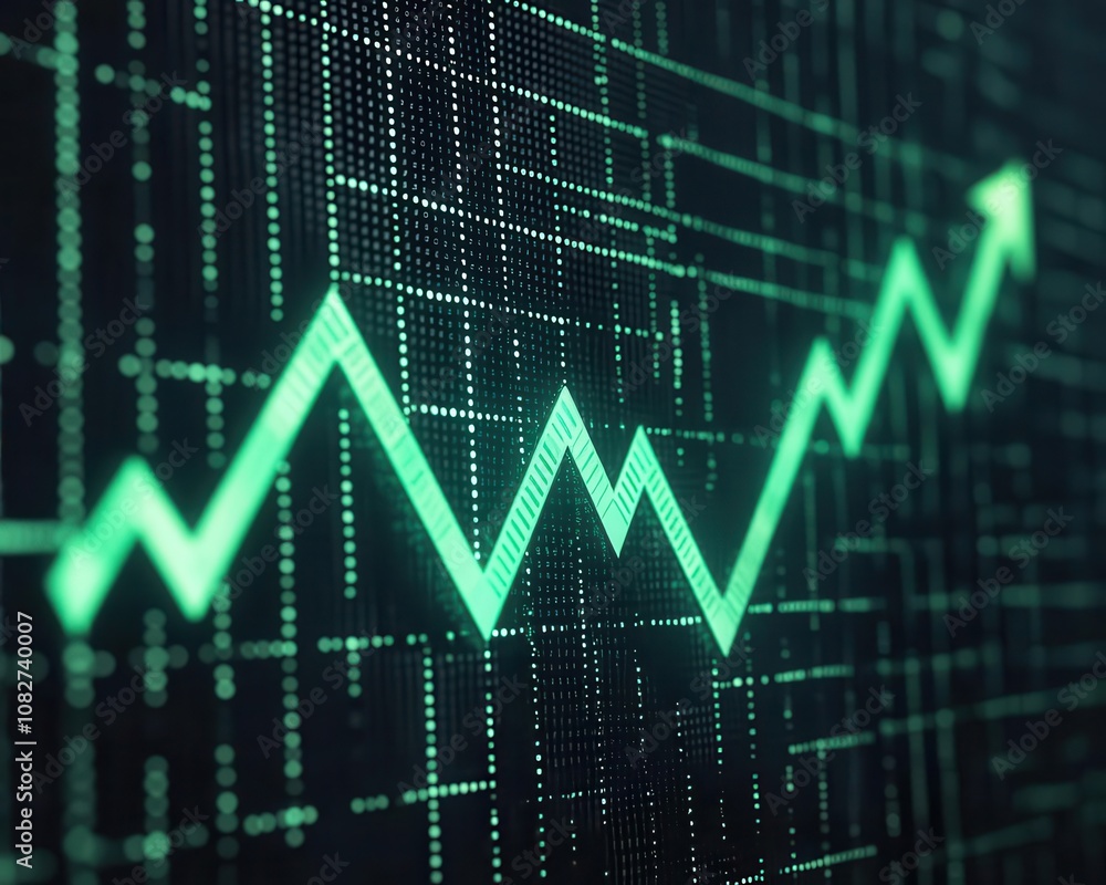 Stock performance, digital screen with green arrows, financial growth, 3D illustration Stock performance, digital screen with green arrows, financial growth, 3D illustration