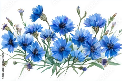 Illustration with cornflowers and wheat in blue and gold colors