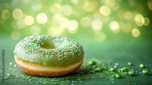 Delicious Saint Patrick?s day green donut on a green blurred background , Saint Patrick's day, donut, green, celebration, holiday photo