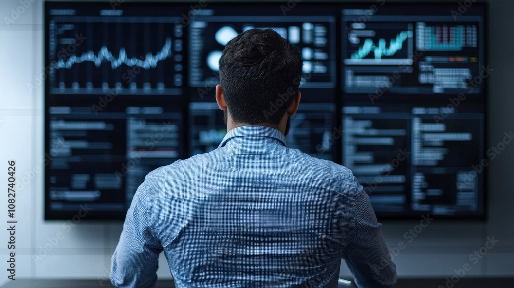 Businessman analyzing sales growth graph on multiple screens in office meeting room Businessman analyzing sales growth graph on multiple screens in office meeting room