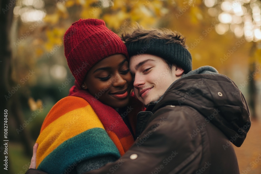 A tender embrace between a couple in vibrant autumn attire. The warm colors reflect their love. Nature surrounds them in a serene park. Generative AI A tender embrace between a couple in vibrant autumn attire. The warm colors reflect their love. Nature surrounds them in a serene park. Generative AI