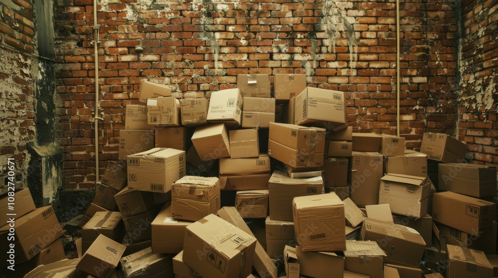 Piles of cardboard boxes stacked against a brick wall Piles of cardboard boxes stacked against a brick wall