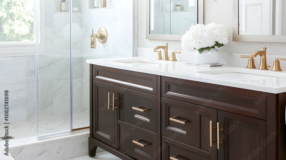 Luxurious Modern Bathroom Renovation with Double Vanity and Quartz Countertop - Elegant Glass Shower Dark Wood Cabinetry and Gold Fixtures in Stylish Design Luxurious Modern Bathroom Renovation with Double Vanity and Quartz Countertop - Elegant Glass Shower Dark Wood Cabinetry and Gold Fixtures in Stylish Design