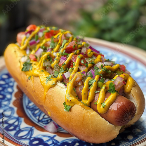 Savory Hot Dog with Condiments on a Simple Plate photo