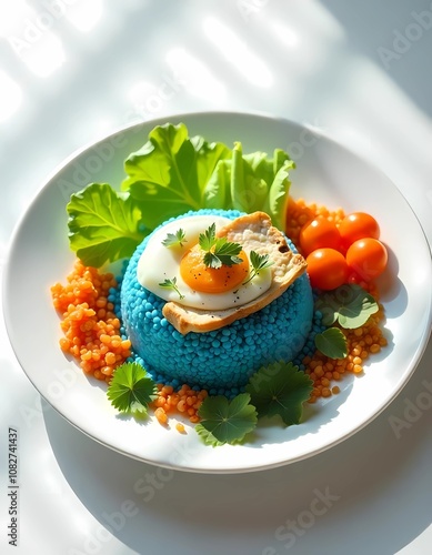 A plate of nasi kerabu with blue rice, fresh herbs, grilled chicken or fish, salted egg, and sambal on a white plate against a minimalist white background. Soft lighting highlights its vibrant colors  photo