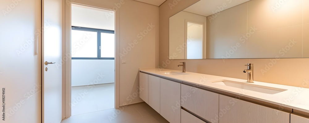 Modern Sleek Bathroom with Built-In Cabinetry - Elegant Minimalist Design Featuring Polished Quartz Counters and Brushed Metal Fixtures in Neutral Tones for a Cozy Atmosphere Modern Sleek Bathroom with Built-In Cabinetry - Elegant Minimalist Design Featuring Polished Quartz Counters and Brushed Metal Fixtures in Neutral Tones for a Cozy Atmosphere
