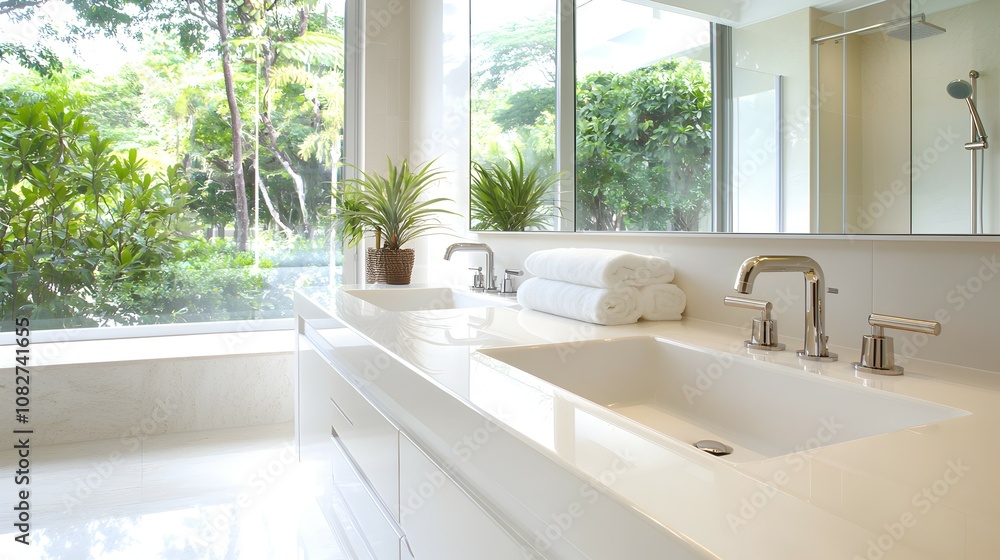 Modern Sophisticated Bathroom Design with Double Vanity - Inviting Aesthetic Featuring Ambient Lighting and Natural Elements in a Brushed Nickel Finish Modern Sophisticated Bathroom Design with Double Vanity - Inviting Aesthetic Featuring Ambient Lighting and Natural Elements in a Brushed Nickel Finish