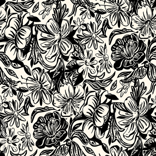 Wallpaper Mural Black and white seamless pattern with flowers.  Ink Drawing.    Hand-drawn illustration. Torontodigital.ca