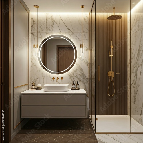 A luxurious bathroom with marble walls, a round mirror with LED lights, and a walk-in shower with gold fixtures. The room features a modern vanity with drawers and a sleek design.


