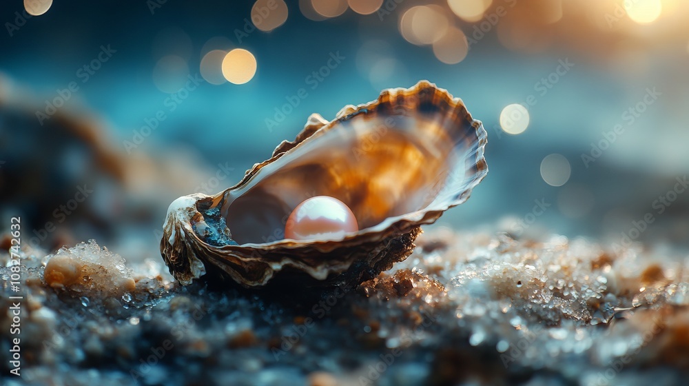 Open Oyster with Large Pearl on Seashore, AI generated illustration Open Oyster with Large Pearl on Seashore, AI generated illustration