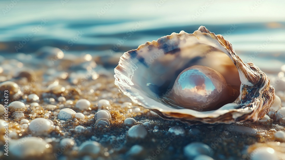 Open Oyster with Large Pearl on Seashore, AI generated illustration Open Oyster with Large Pearl on Seashore, AI generated illustration