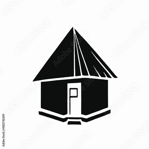 A black and white illustration of a hut or small building with a pointed roof