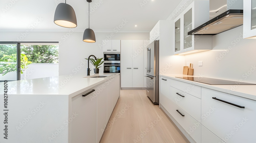 Elegant Modern Kitchen Design with Quartz Countertops and High-End Appliances - Warm Earthy Tones Glass Cabinets and Spacious Central Island with Cozy Under-Cabinet Lighting Elegant Modern Kitchen Design with Quartz Countertops and High-End Appliances - Warm Earthy Tones Glass Cabinets and Spacious Central Island with Cozy Under-Cabinet Lighting