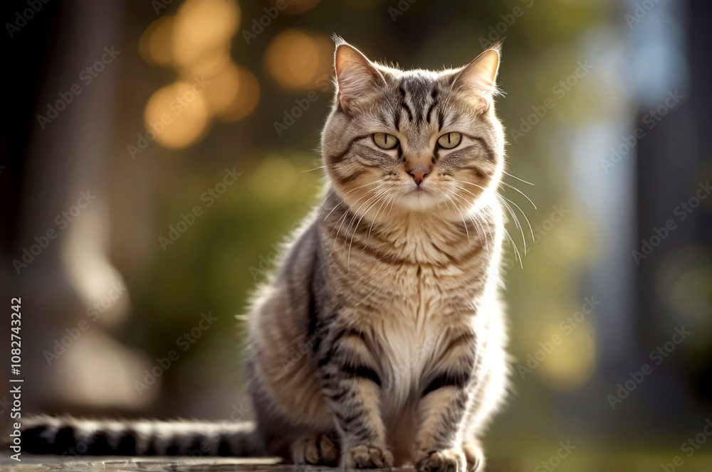 Tabby cat sitting and looking at the camera under the sun Tabby cat sitting and looking at the camera under the sun