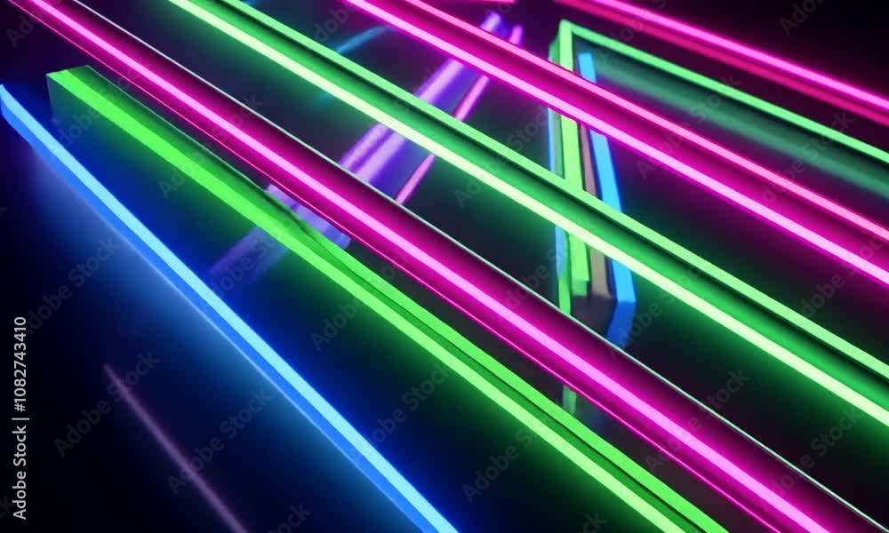 Abstract background of purple and green neon lines on a shiny surface. Abstract background of purple and green neon lines on a shiny surface.