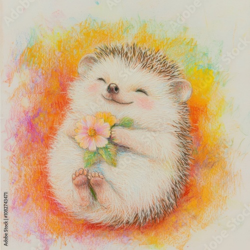 Cute hedgehog holding a flower whimsical art colorful background adorable vibe close-up view nature and emotions combined for artistic expression photo