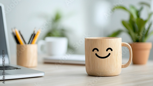 cheerful bamboo mug on modern office desk with plants
