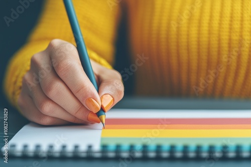 Woman writing on colorful budget planner with pencil