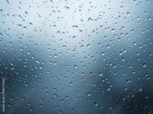 Close-up photo of raindrops on a windowpane, creating a blurred and abstract texture effect, droplets, translucent, rainy day photo