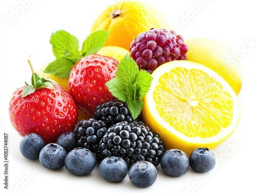 A colorful assortment of fresh fruits including strawberries, blueberries, and lemons.