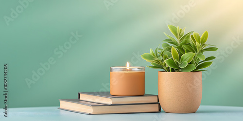 cozy setup with books, candle, and plant for self care