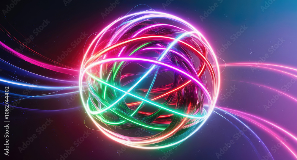 Digital abstract art piece featuring a vibrant swirling sphere of light and color, The central subject is a glowing orb composed of intertwining wispy streams of neon pink green red purple and blue. Digital abstract art piece featuring a vibrant swirling sphere of light and color, The central subject is a glowing orb composed of intertwining wispy streams of neon pink green red purple and blue.