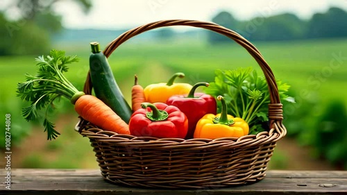 wicker basket overflowing with fresh vegetables on wooden table concept of organic produce, farm-to-table, healthy eating