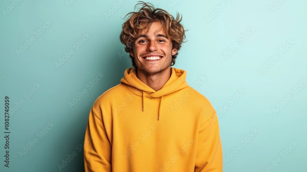 Smiling young man with wavy hair wearing a yellow hoodie against a light blue background. Smiling young man with wavy hair wearing a yellow hoodie against a light blue background.