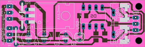 Vector printed circuit board of electronic 
device with components of radio elements, 
conductors and contact pads placed on pcb. 
Engineering technical drawing.