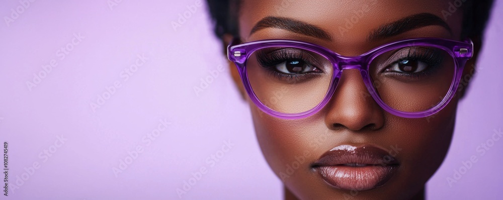 Close-up of a Black woman with bold purple glasses against a vibrant purple background, displaying confidence and style during a bright afternoon Close-up of a Black woman with bold purple glasses against a vibrant purple background, displaying confidence and style during a bright afternoon
