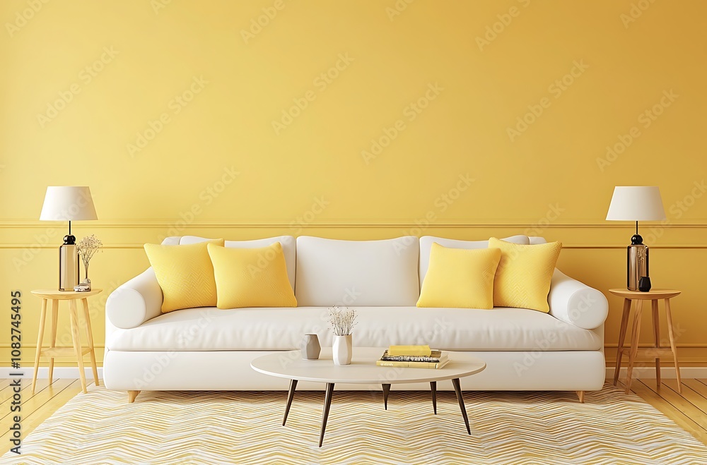 Modern Yellow Living Room Interior with Cozy Sofa and Elegant Decor – Minimalist Design Modern Yellow Living Room Interior with Cozy Sofa and Elegant Decor – Minimalist Design