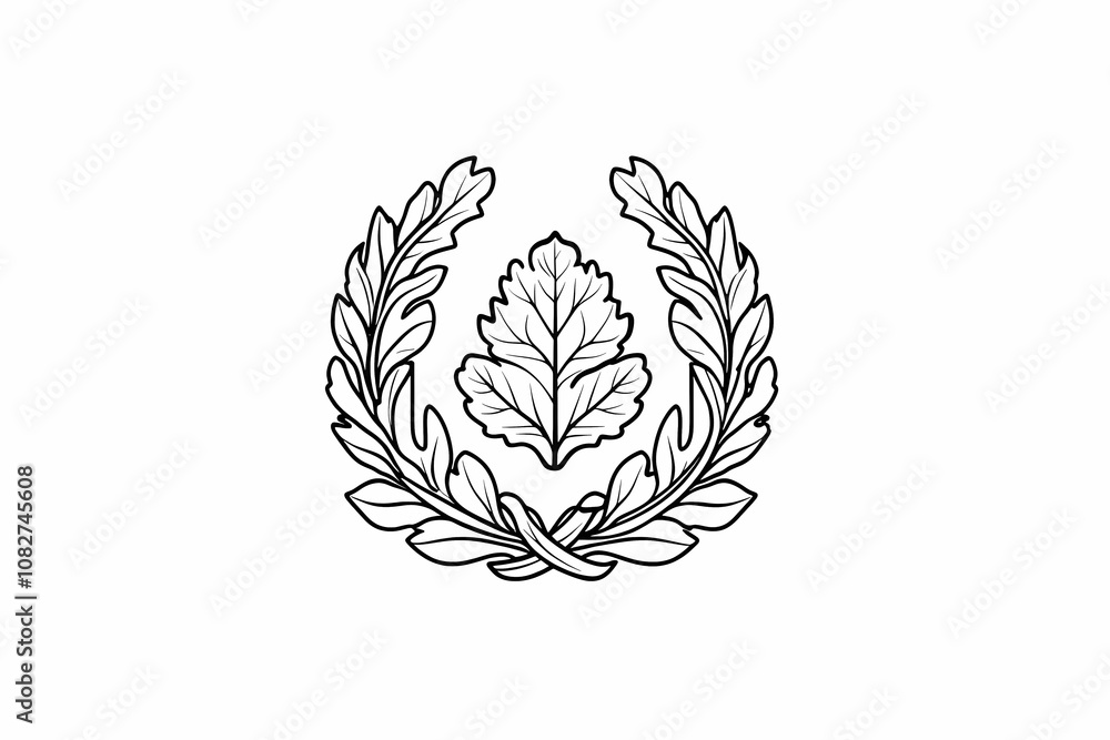 Elegant and Detailed Black and White Illustration of an Oak Leaf Surrounded by Olive Branches, Perfect for Designs and Editorial Use Elegant and Detailed Black and White Illustration of an Oak Leaf Surrounded by Olive Branches, Perfect for Designs and Editorial Use