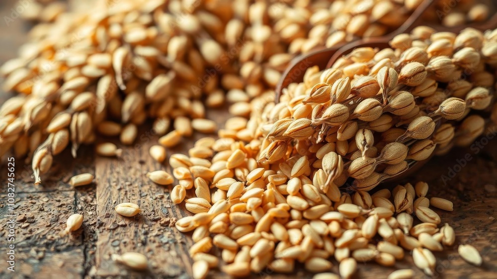Obraz premium Close-up shot of a rich, organic grain texture resembling a rustic wooden board, agriculture, natural, ingredient