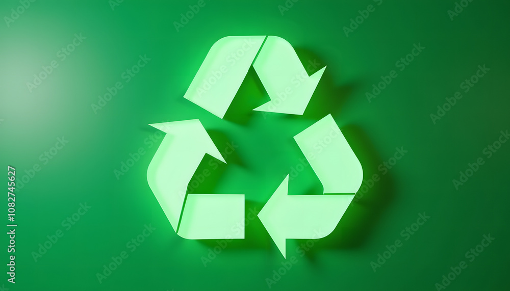 Bright green recycling symbol with arrows on vivid green background promoting eco-friendly initiatives Bright green recycling symbol with arrows on vivid green background promoting eco-friendly initiatives