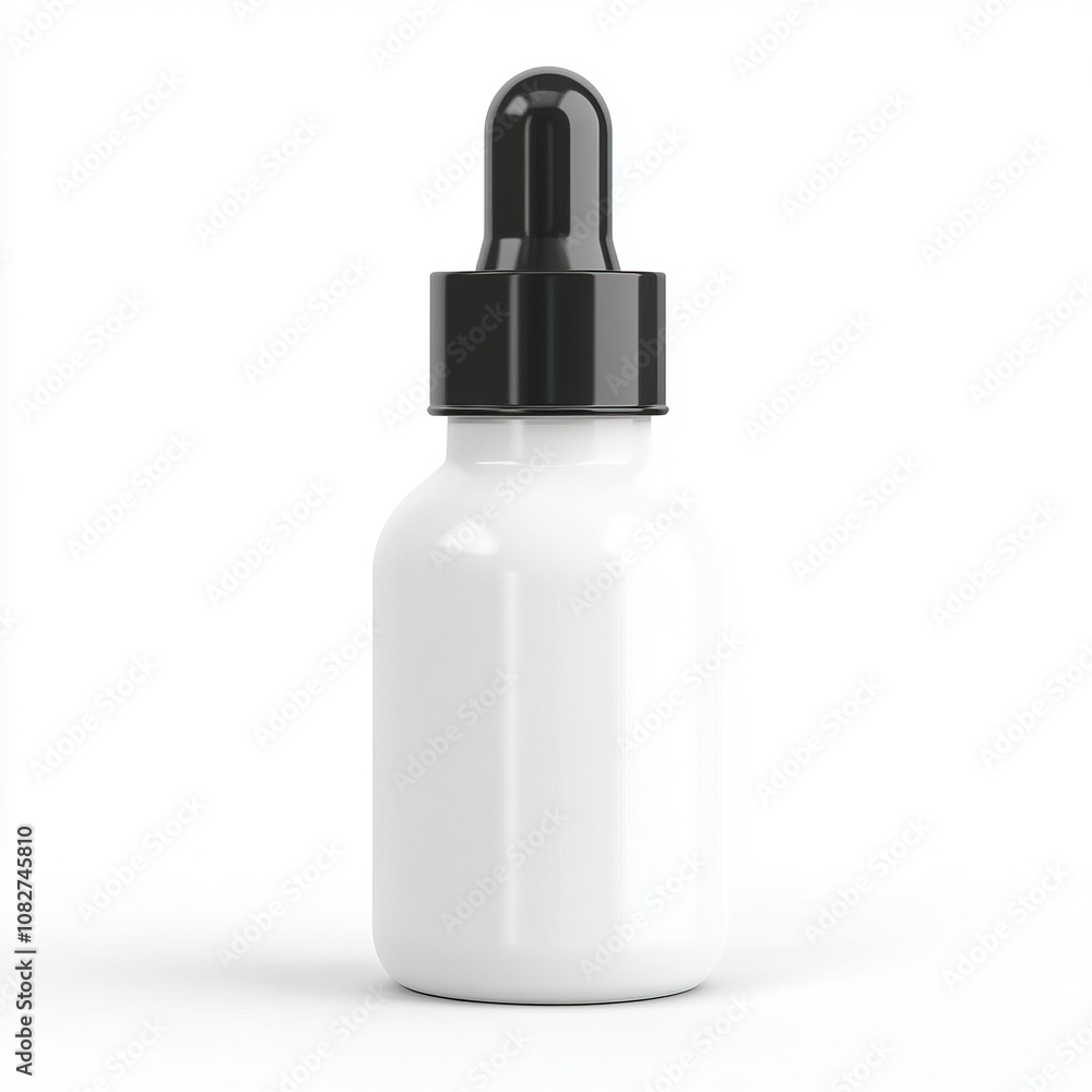 A simple, white dropper bottle with a black cap, commonly used for liquids such as essential oils or medicines, isolate on white background. A simple, white dropper bottle with a black cap, commonly used for liquids such as essential oils or medicines, isolate on white background.