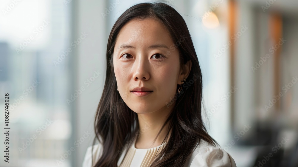 Professional portrait with soft natural light and blurred office background Professional portrait with soft natural light and blurred office background