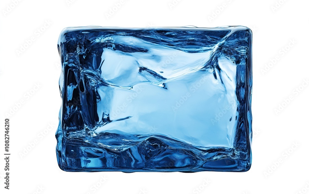 A clear blue ice cube with irregular edges, showcasing the intricate textures and light reflections within the ice, isolate on white background. A clear blue ice cube with irregular edges, showcasing the intricate textures and light reflections within the ice, isolate on white background.