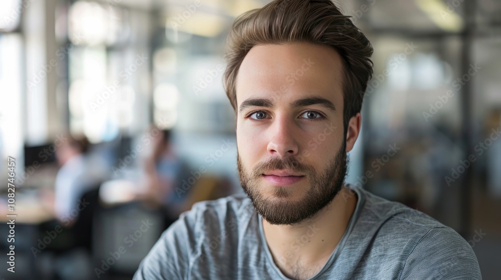 Professional portrait with soft natural light and blurred office background Professional portrait with soft natural light and blurred office background