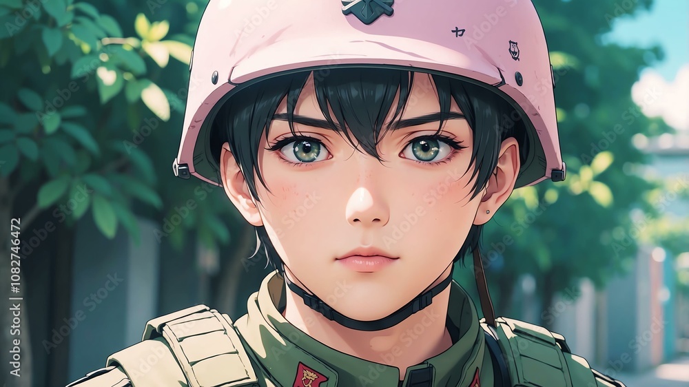 Close-up of a soldier on an aesthetic respective anime background Close-up of a soldier on an aesthetic respective anime background