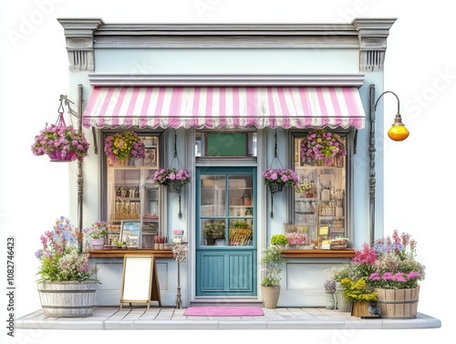 Charming shopfront with floral decorations and pastel-colored awning, white background.