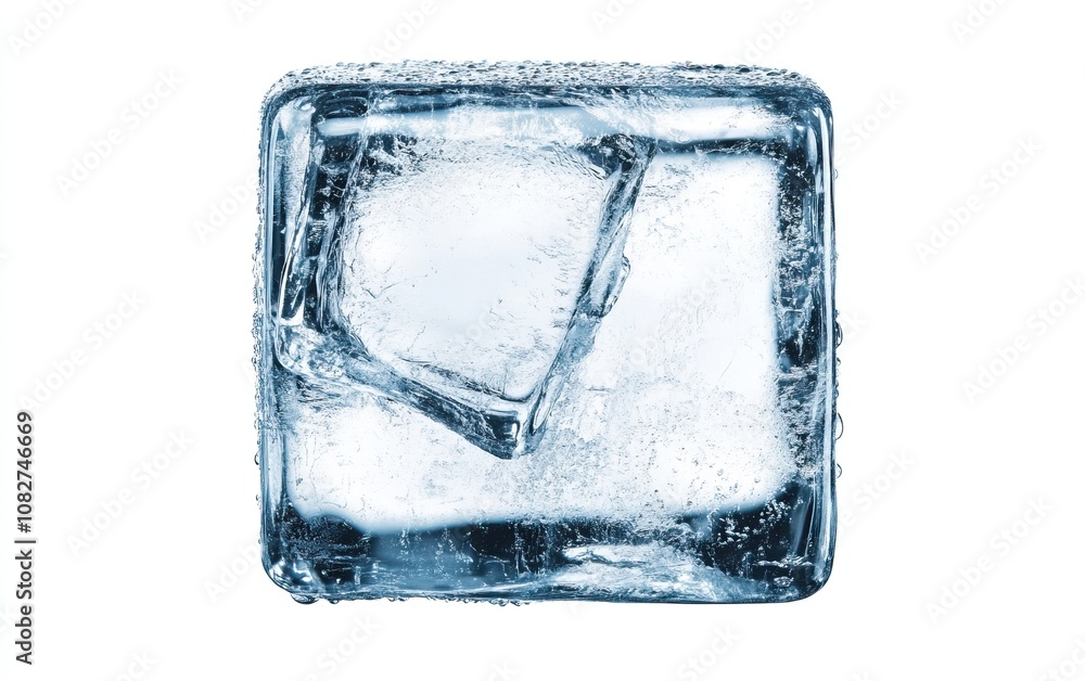 A clear, frozen ice cube featuring a smooth surface, highlighting its transparent and crystalline structure with some internal imperfections, isolate on white background. A clear, frozen ice cube featuring a smooth surface, highlighting its transparent and crystalline structure with some internal imperfections, isolate on white background.