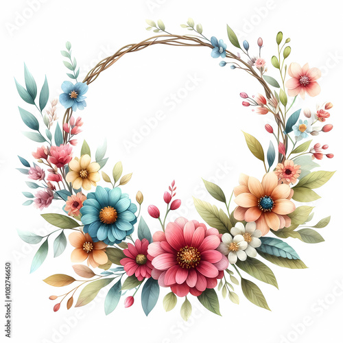 3D style of colorful flower wreath on white background