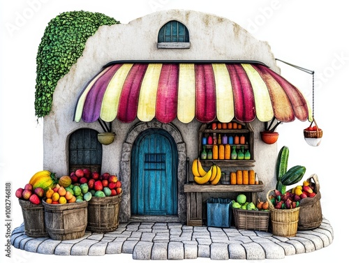 Colorful fruit market with baskets, vibrant produce, charming storefront. photo