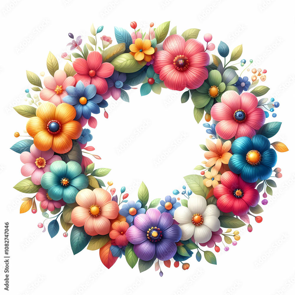 3D style of colorful flower wreath on white background 3D style of colorful flower wreath on white background