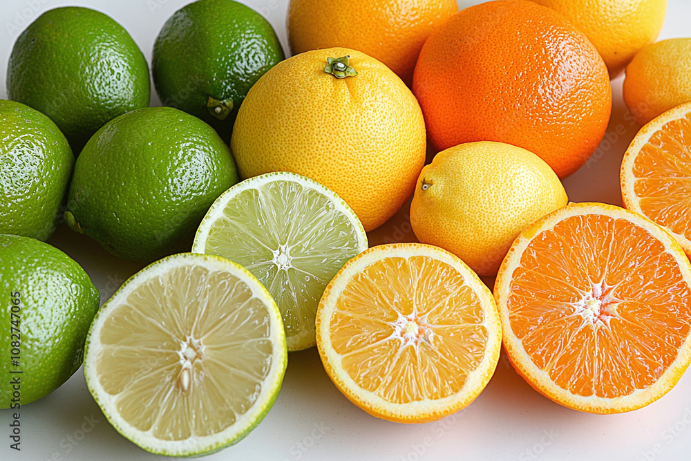 Top-down view of a creatively arranged citrus fruit layout on a clean white background, with vivid colors of oranges, lemons, and limes. Top-down view of a creatively arranged citrus fruit layout on a clean white background, with vivid colors of oranges, lemons, and limes.